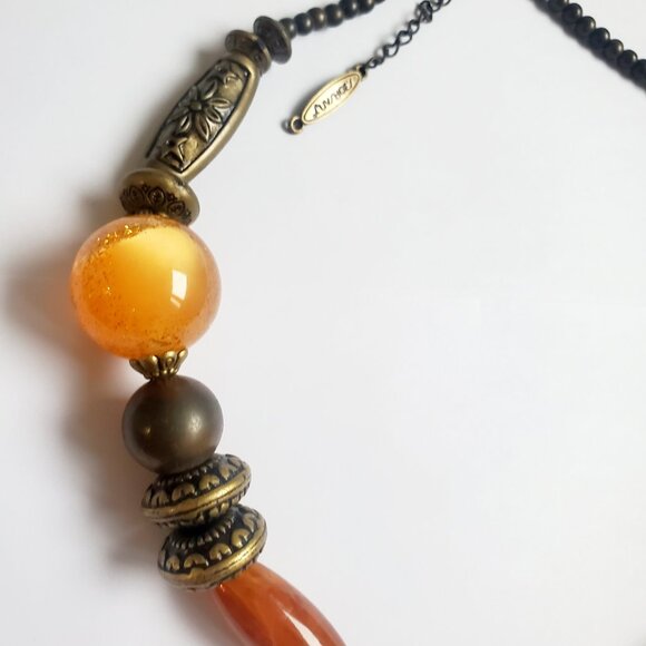 Gorgeous Vintage Autumn Amber Glass Statement Necklace Beads Stones Rustic Chain - Picture 4 of 9